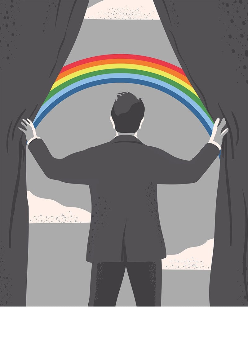 illustration of opening curtains to rainbow