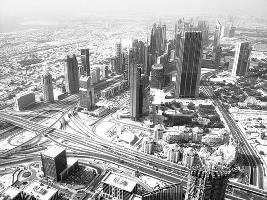 black and white aerial view image of Dubai